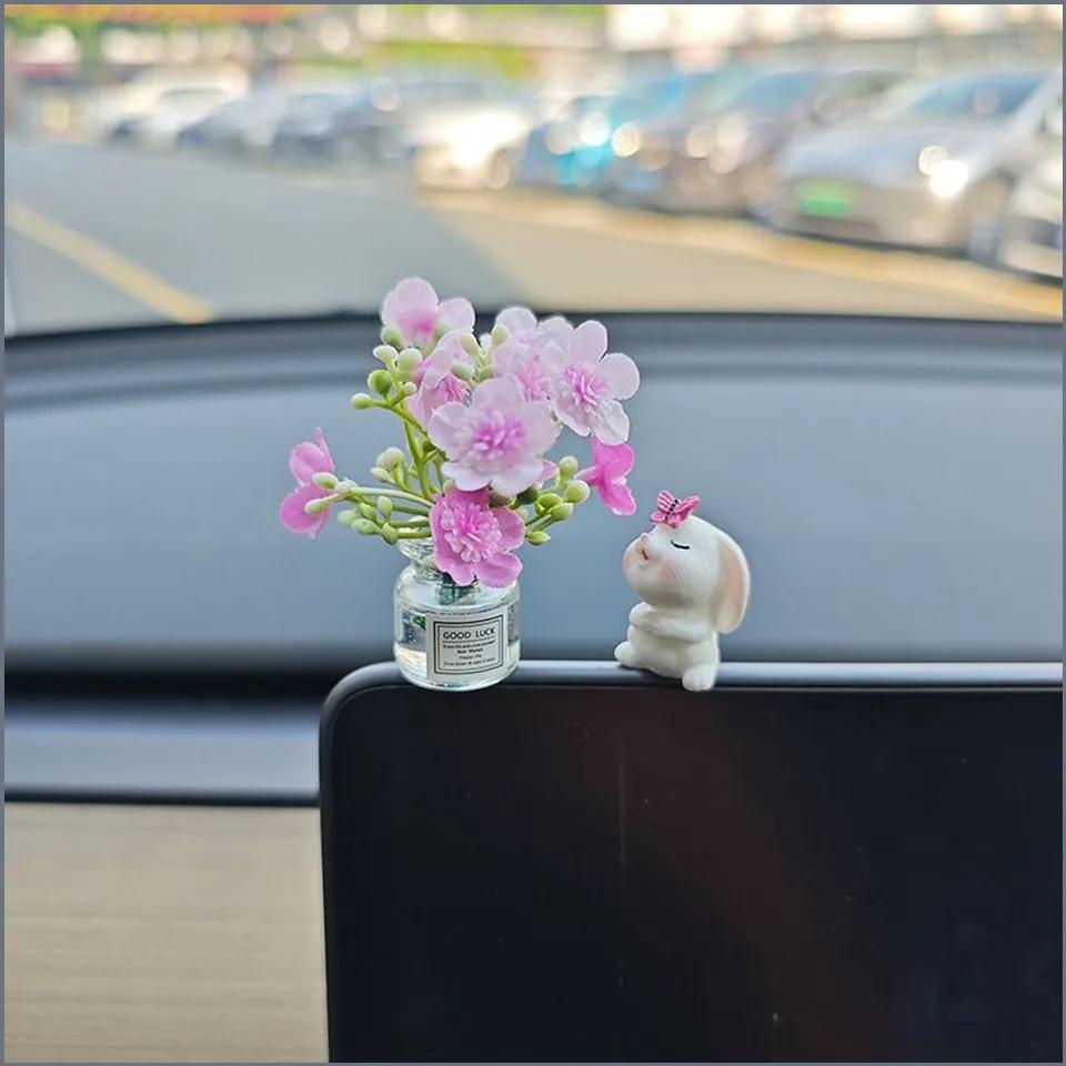 Mini Car Vase with Artificial Flowers and Small Rabbit Figurine Resin Decorative Set for Dashboard Micro Landscape Interior Ornament