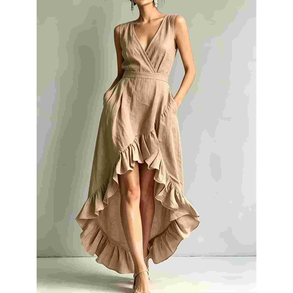 

European, American, women s ruffled hem sleeveless V-neck cotton and linen blend asymmetric dress 3XL хакі