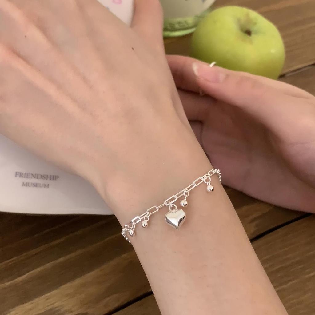 Korean S925 Sterling Silver Heart & Round Bead Bracelet for Women - Elegant, Simple, High-End Design