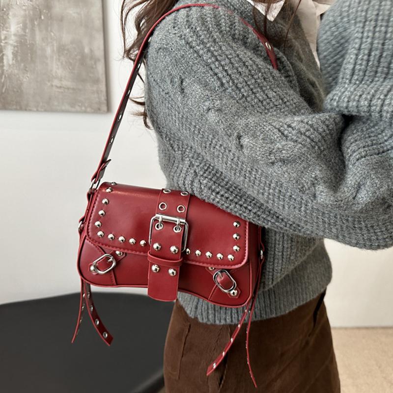 Trendy Motorcycle Punk Style Shoulder Bag for Women Solid Color Fashion Rivet Commuter Small Square Underarm Bag