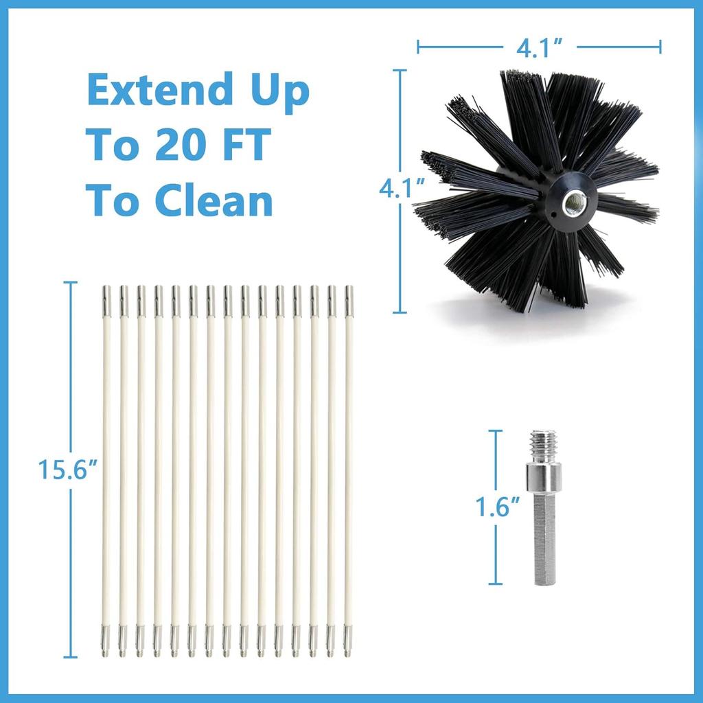 Dryer Vent Cleaner Kit, Lint Remover, Flexible Reusable Strong Nylon Rods Extends Up to 20 Feet, Lint Brush Head, Cleaning Duct Pipes, Use with or