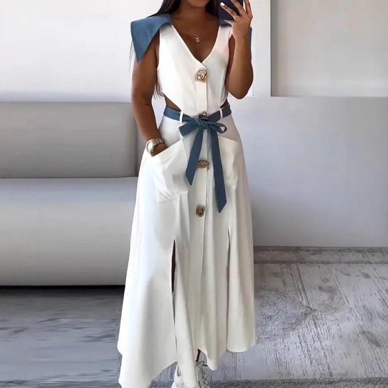 

2025 New European and American Women clothes V-neck Sleeve Hollow out Waist Hugging Split Slimming Long dress Split Long Skirt White XXXL