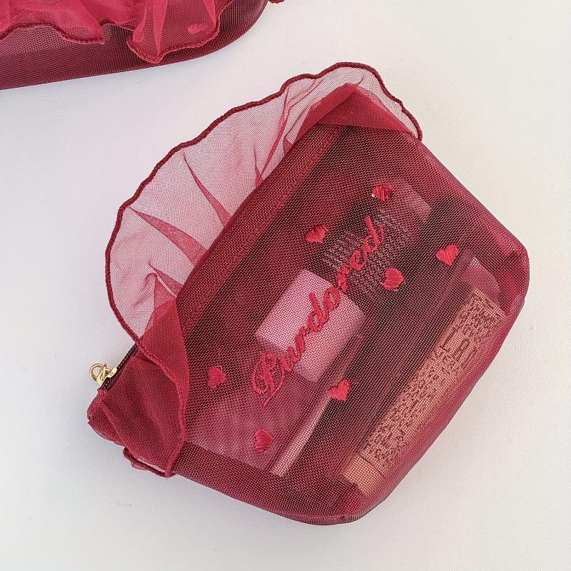 Cute Ruffle Love Embroidery Mesh Makeup Bag, Lightweight Portable Travel Cosmetic Storage Pouch