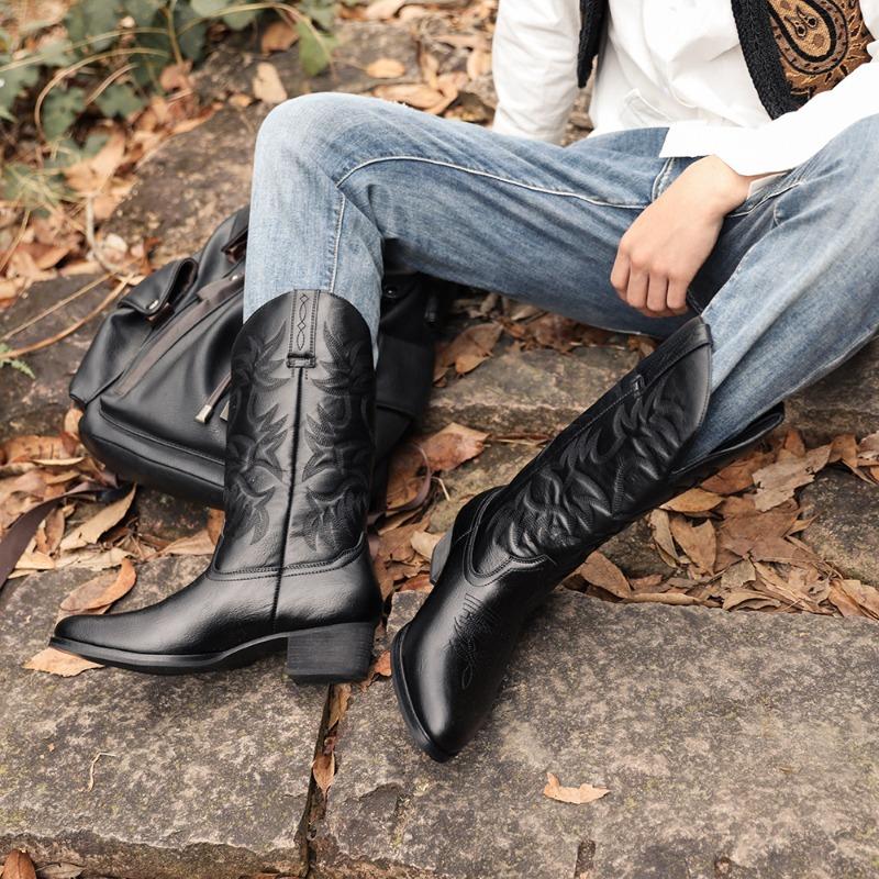 Pointed Toe Middle Heels Comfortable Leather Boots Fashion Embroidery Mid-Calf Boots Totem Design Neutral Shoes Plus Size 48