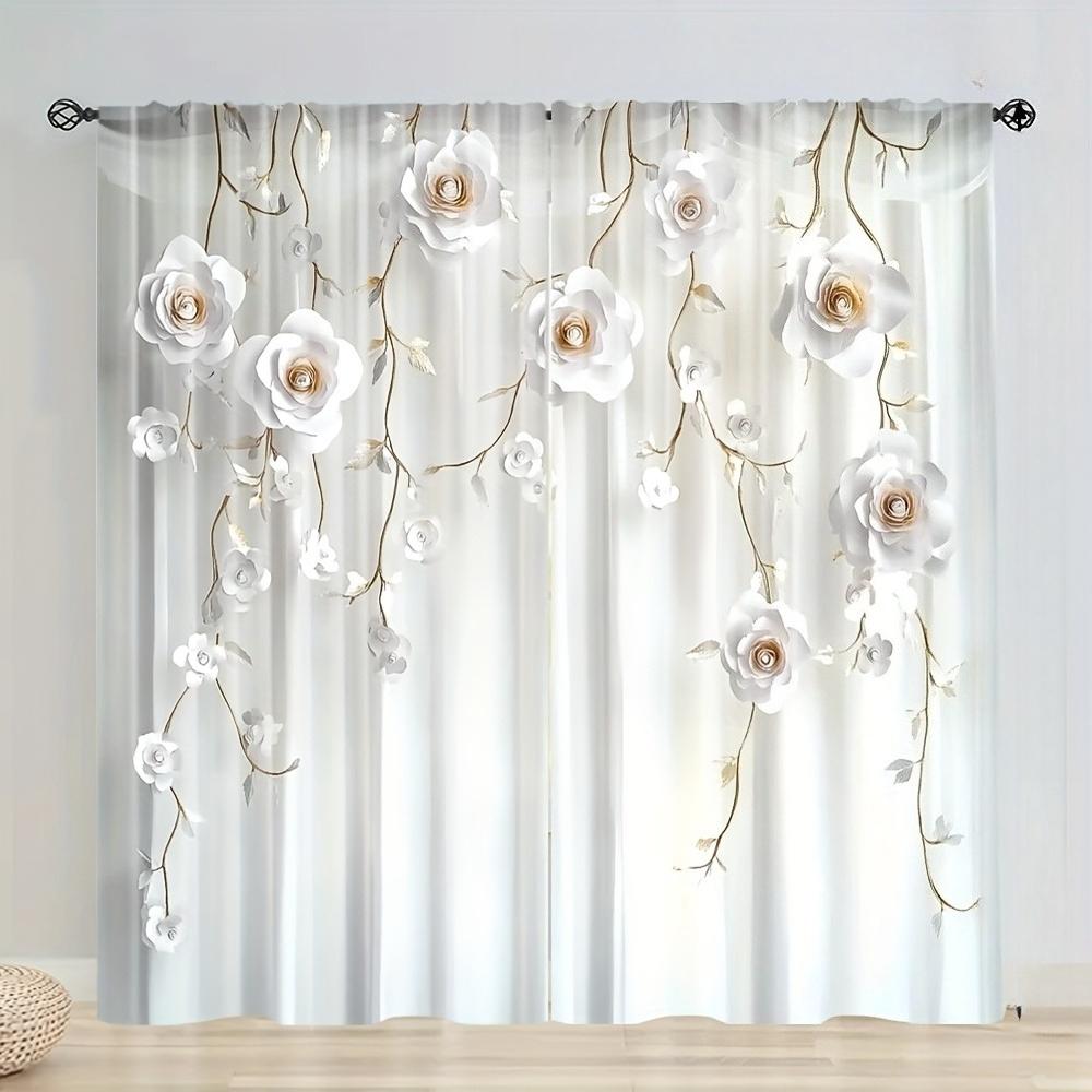 2 Stück Elegante Weiße Florale Transparente Vorhänge – Lichtfilterndes Sichtschutzgewebe für Wohnzimmer Schlafzimmer Büro   Moderne Wohnkultur