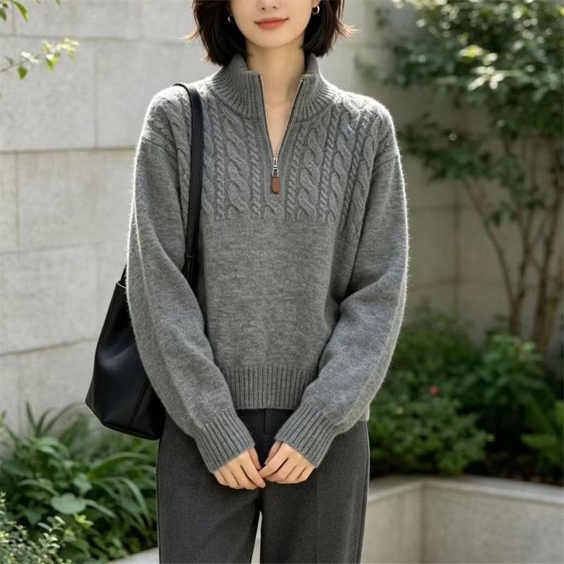 Women's Plus Size White Half-Zip Cable Knit Cardigan - Loose, Slimming, Autumn/Winter Sweater Coat