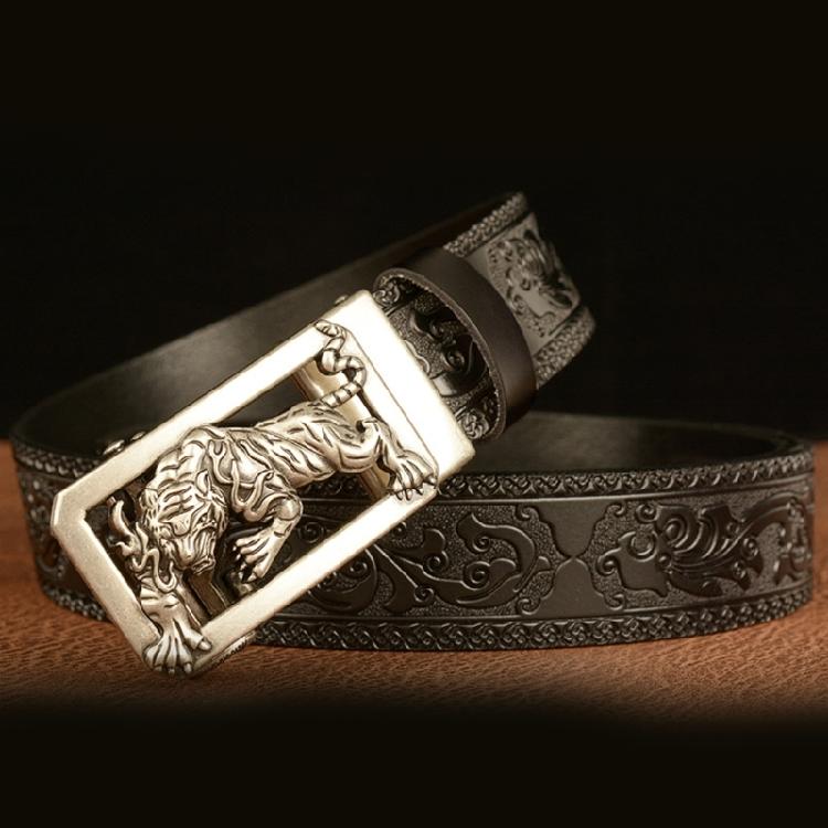 Classical Men Leather Belt with Convenient Automatic Buckle and Carved Beast Buckle Chinese Beast Head