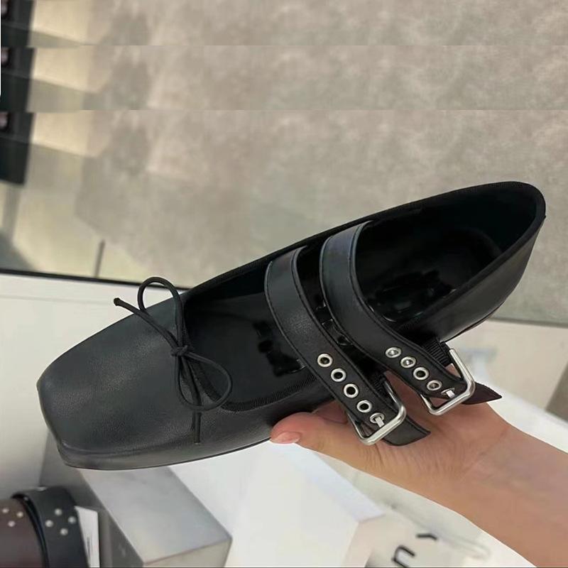 Cowhide version~ New retro ballet flat shoes bow thick heel college style Mary Jane small leather shoes women