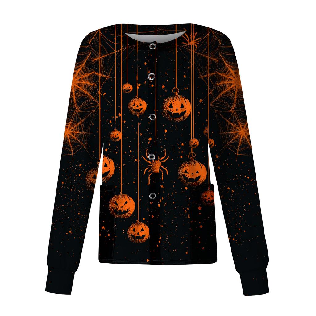 Women's Casual Long Sleeve Button Down Halloween Print Top for Costume Wear