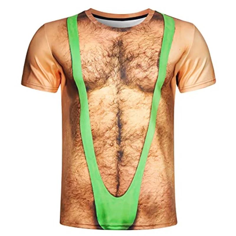 Men's Funny Hairy Chest Graphic T-shirts Fake Muscle Abs 3D Print Short Sleeve T-shirts Spring Summer Cosplay Costume Tops
