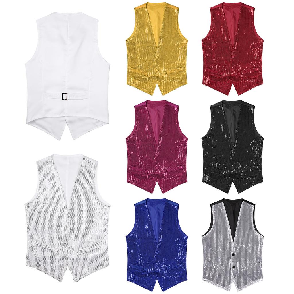 Unisex Adult Shiny Sequin Vest Sleeveless Button Design Waistcoat Jacket for Music Festival