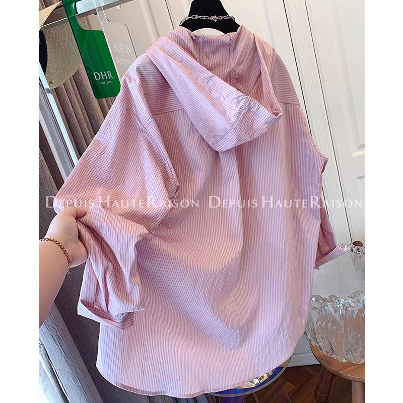 Extra Large 55.5kg Lazy Striped Hooded Sunscreen Shirt Women's Summer Thin Loose Casual Versatile Top