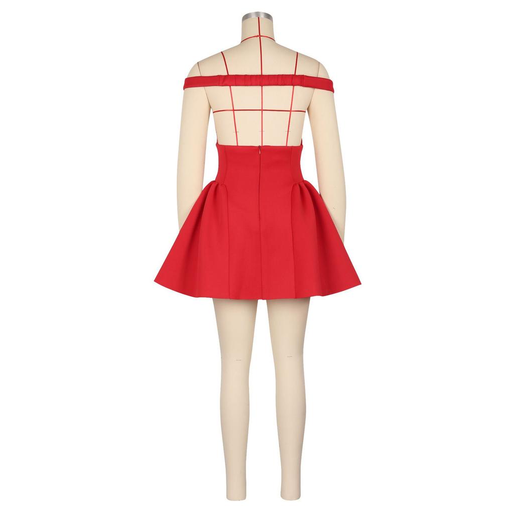 Women's Off Shoulder Deep V Neck Puffy Skater Mini Dress Ruched Waist Bodycon Sexy Summer Club Night Cocktail Party Dress