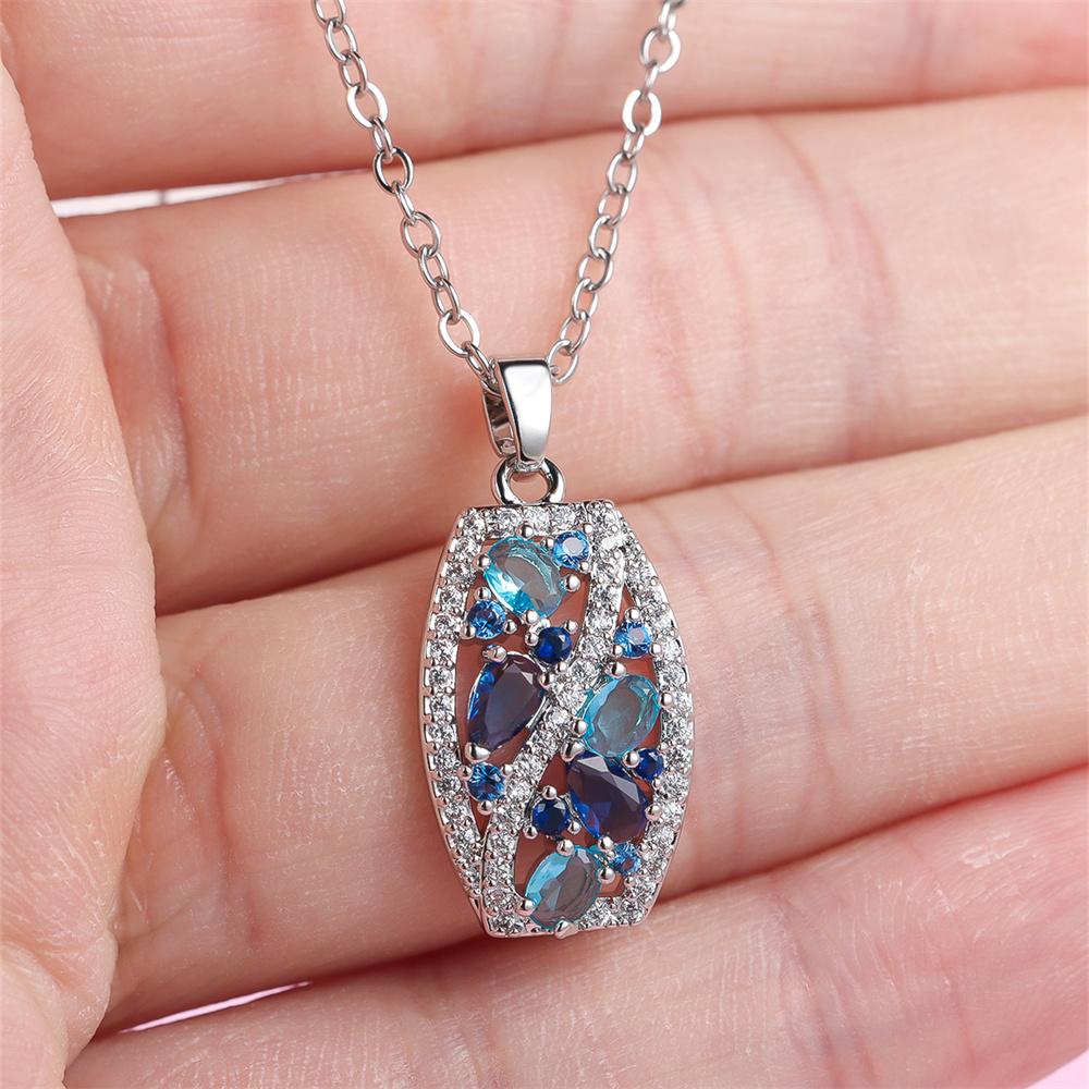 Blue Crystal Aqua Stone Pendant Zircon Necklaces for Women Vintage Silver Color Chain Necklace Wedding Jewelry Accessory
