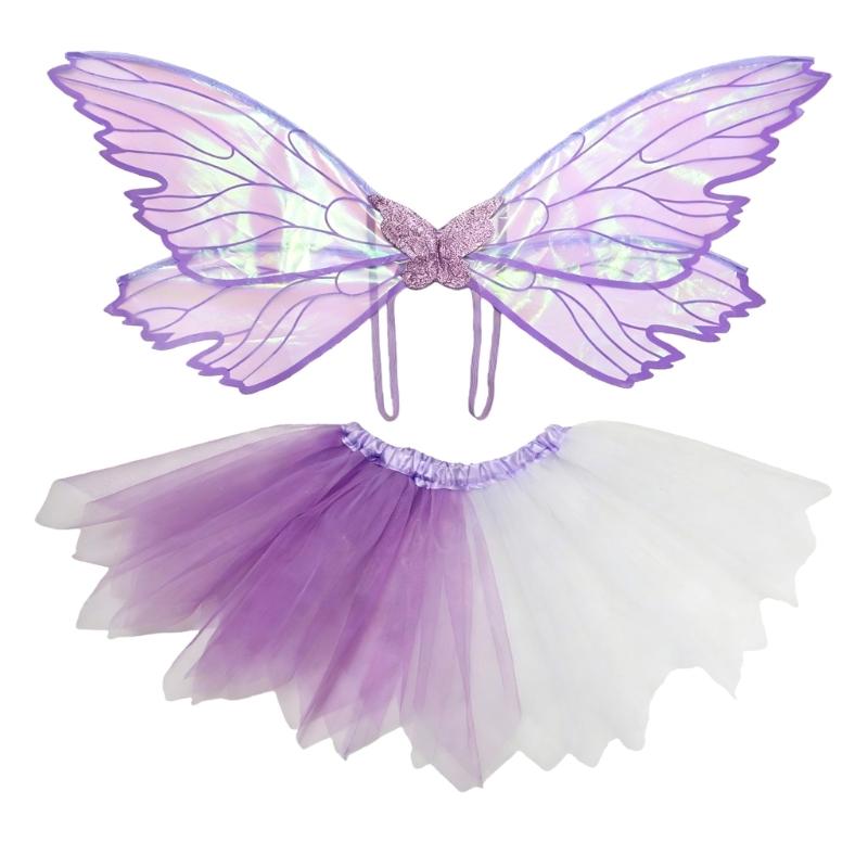 Multi-layer Fairies Wing Tulle Costume Set for Girls Halloween Cosplay Outfit with 3D Wing Costumes Accessory
