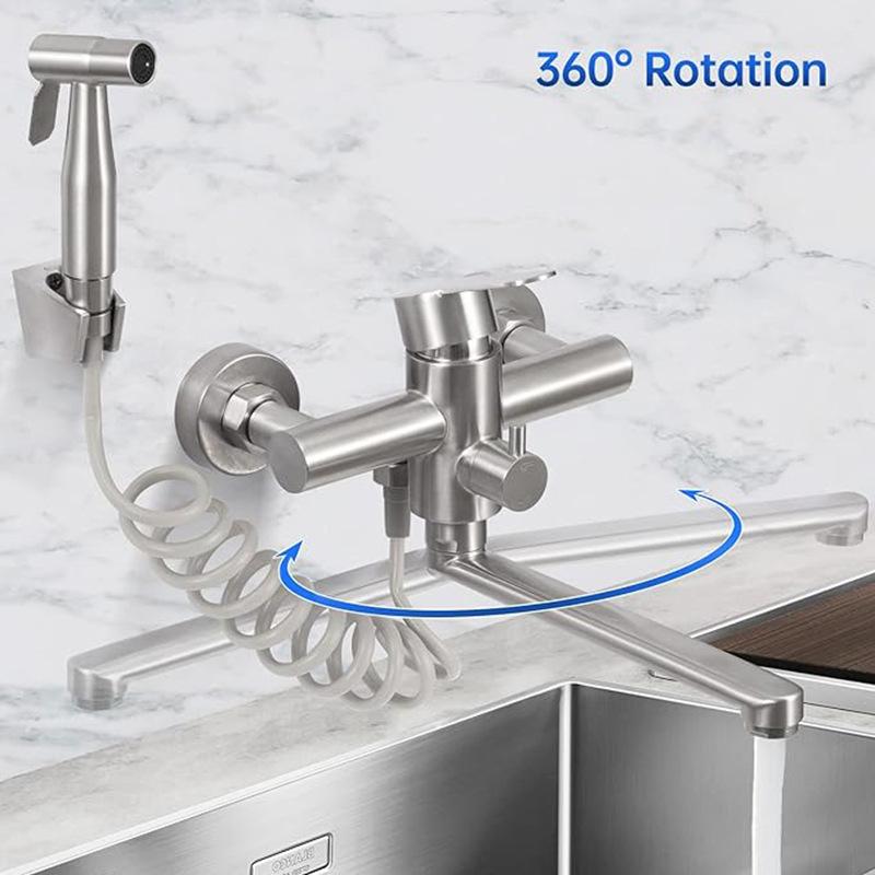 Alenartwater Kitchen Faucet Wall Mounted Rotable Sink Tap Dual Hole Single Handle Cold and Hot Water Mixer