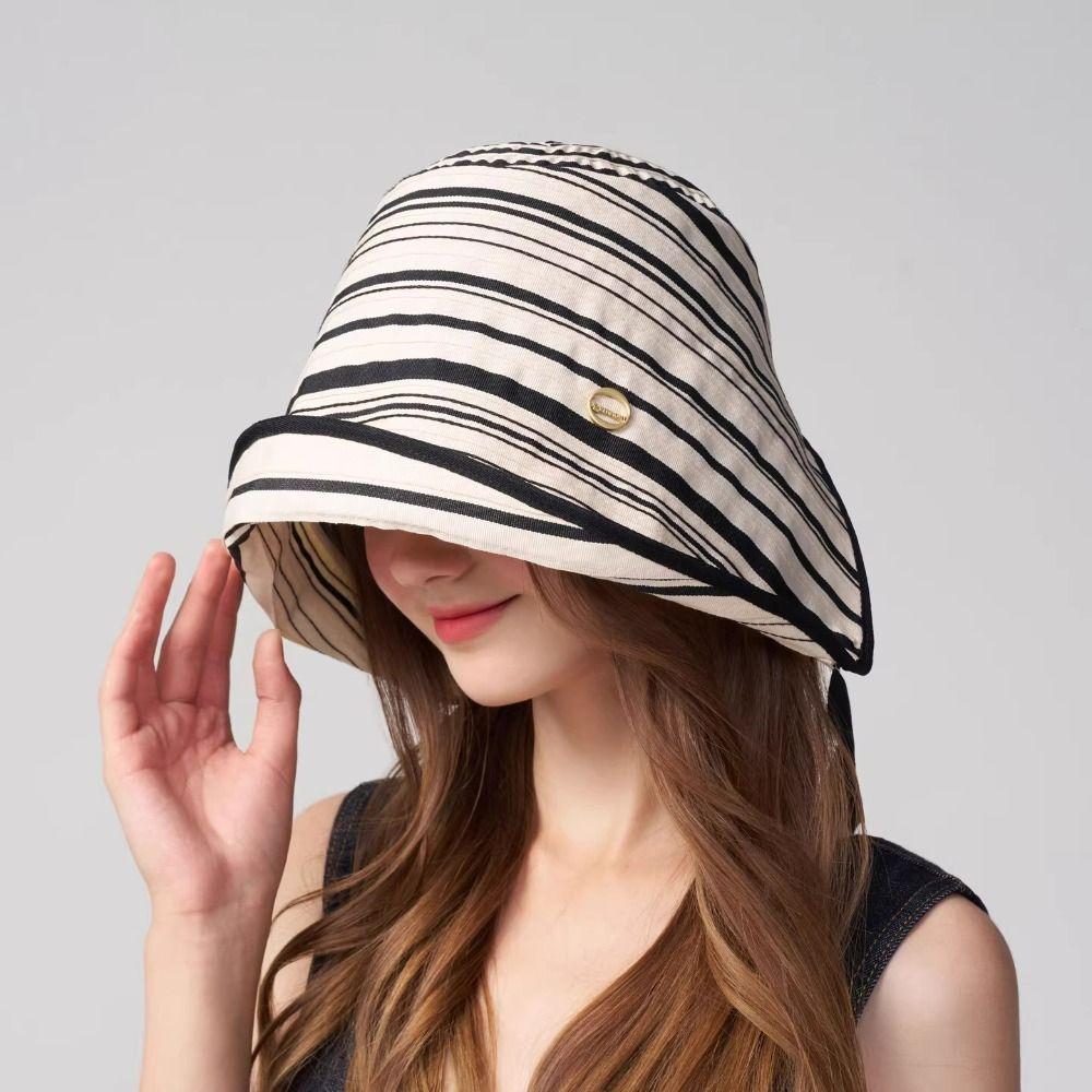 Ribbon Women Striped Fisherman Hat Wide Brim Bucket Hat Portable Sunscreen Visor Cap Beach