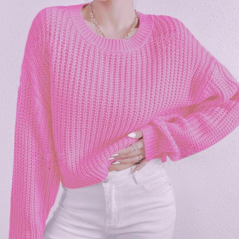 

Осень и зима новая женская одежда свободный короткий джемпер круглый вырез длинный рукав вязаный свитер L розовый