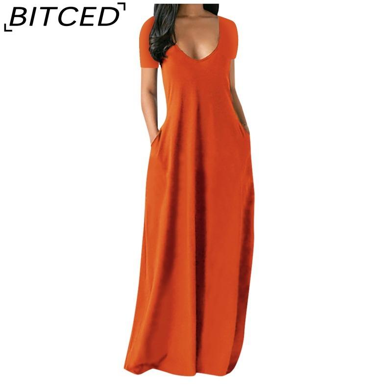 BITCED Summer Plus Size Women's Solid Colour Sensual Deep V-Neck Short-Sleeved Pocketed Maxi Dress