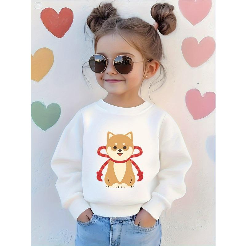 Crewneck Long Sleeve Kids Sweatshirt, Cute Red Bow Shiba Inu Cartoon Print 110 белый