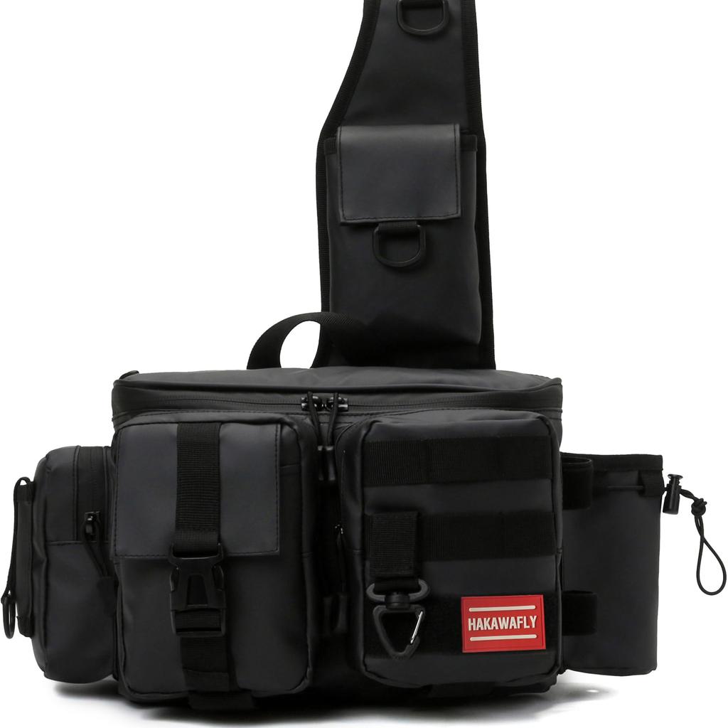 HAKAWAFLY Wide-Mouth Fishing Bag, 5-Way, Water-Repellent, Tackle Bag, Multifunctional, Large Capacity, Waterproof, Outdoor, Waist Bag, Shoulder Bag
