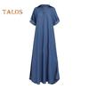Fall Spring Lady Dress V Neck Loose Short Sleeves with Cufflink Split Hem Plus Size Dress Solid Color Buttons Pullover A-line Daily Wear Beach Maxi