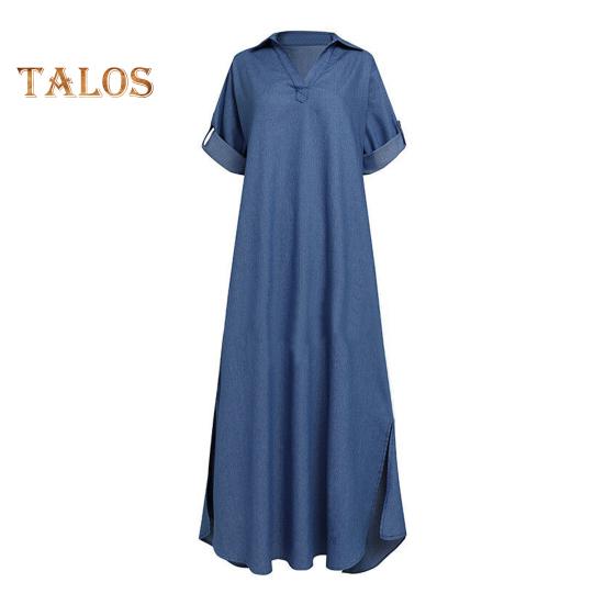 Fall Spring Lady Dress V Neck Loose Short Sleeves with Cufflink Split Hem Plus Size Dress Solid Color Buttons Pullover A-line Daily Wear Beach Maxi