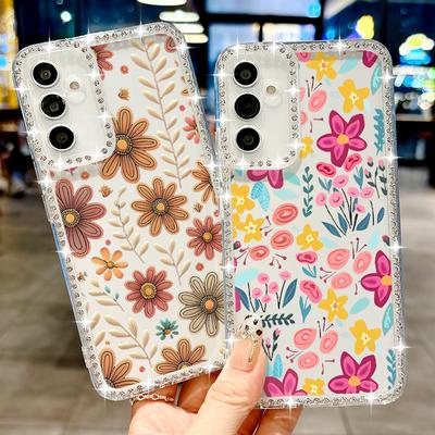 Diamond TPU Case For Samsung Galaxy S25 S24 Ultra S23 FE S25 Edge A56 A16 A55 A54 A36 A35 A15 A25 5G Cartoon Flowers Phone Cover