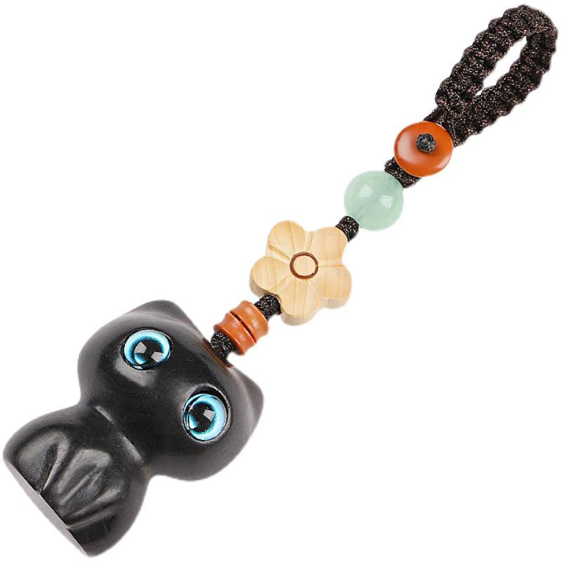 Ebenholts Katt Nyckelring Hänge - Söt Parberlock för Telefoner & Väskor