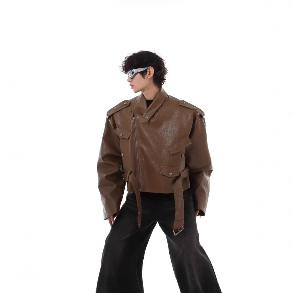 Herren Lederjacke im amerikanischen Retro-Stil, Rotes Innenfutter, PU, Frühling/Herbst, Kurz, Weiter Schnitt