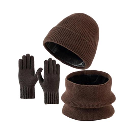 3Pcs/Set Winter Hat Scarf Gloves Set Solid Color Windproof Brimless Hat Neck Warmer Touch Screen Gloves Set