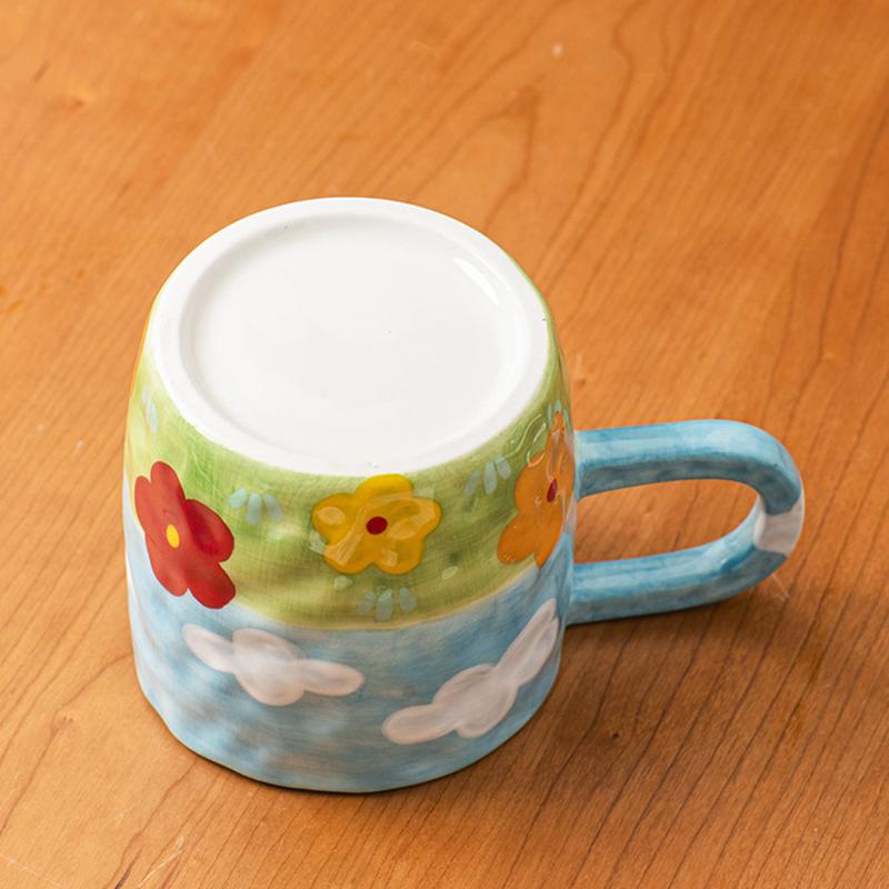 400ml Handbemalte Keramik Große Kaffeetasse mit Henkel Koreanischer Stil Floral Bewölkt Milchteetasse Mikrowellengeeignet