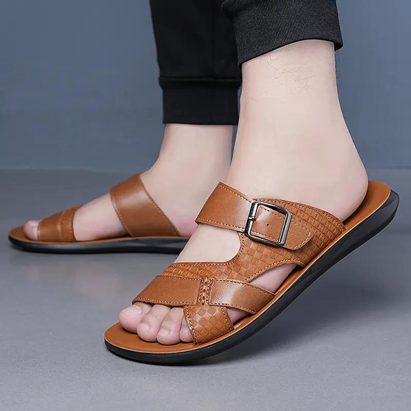 Men's Leather Slide Sandals Adjustable Buckle Casual Non-slip Summer Beach Slippers