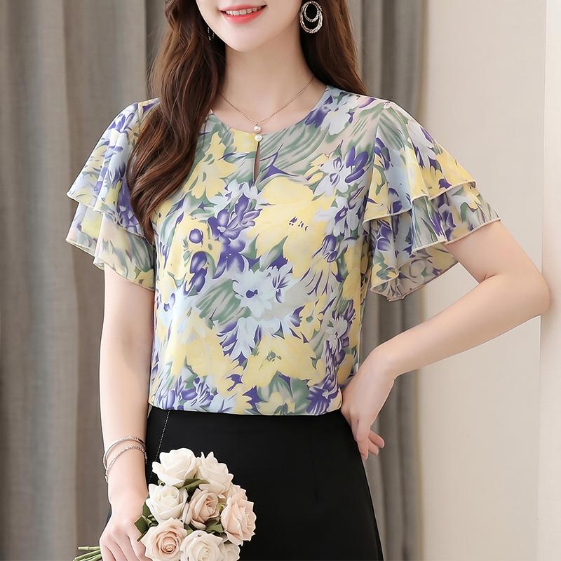 ZANZEA Women Casual Round Neck Floral Print Loose Ruffles Short Sleeve Blouse S