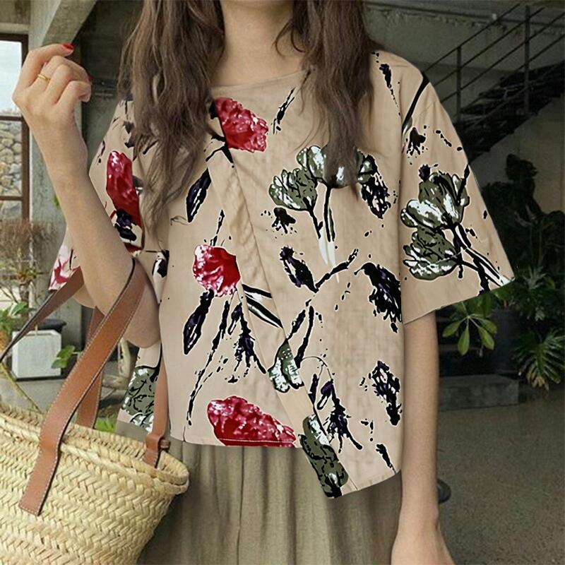 

ZANZEA Женская летняя блузка с круглым вырезом, коротким рукавом и свободным принтом S