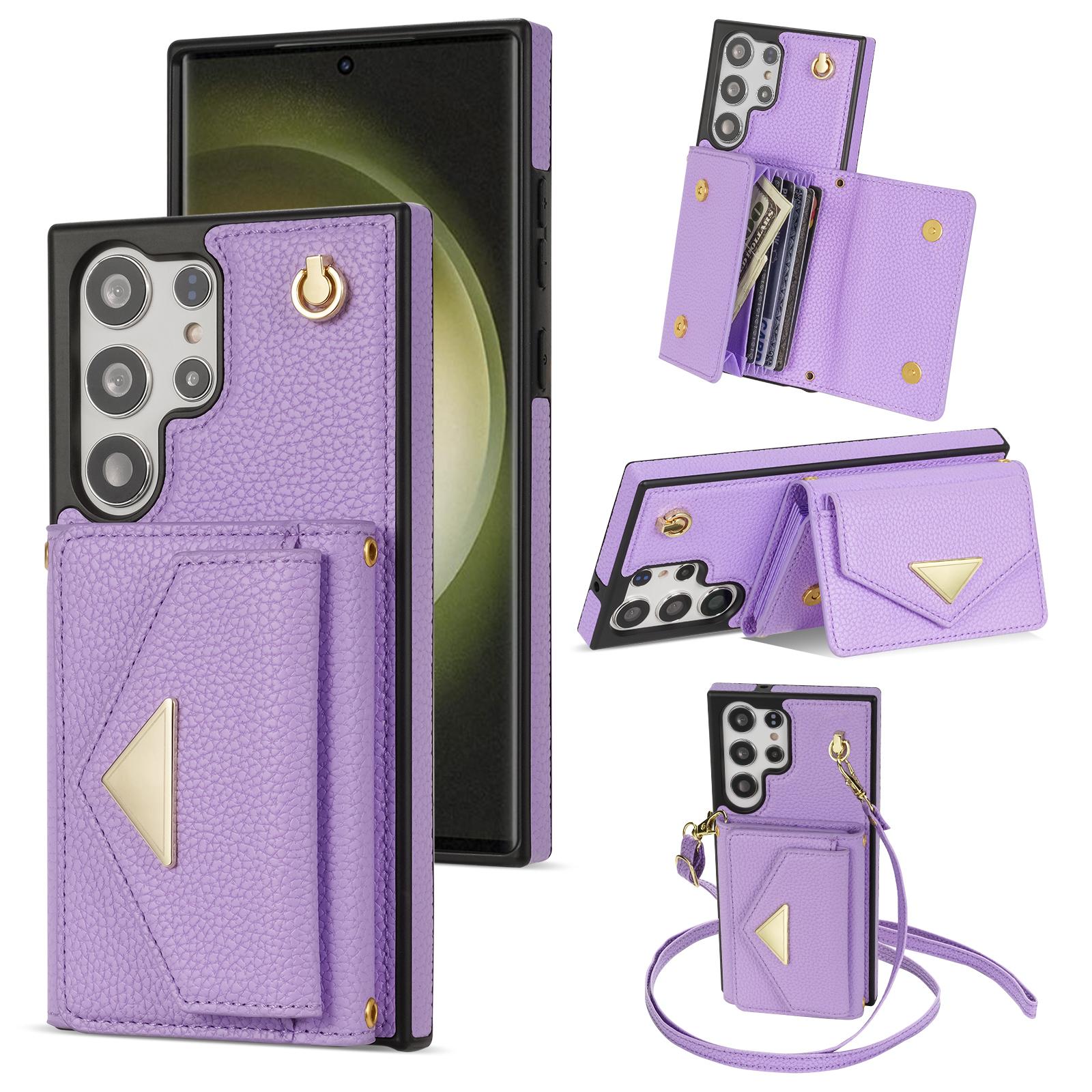 

For Samsung Galaxy S25 Ultra Case Card Slots PU+TPU Cell Phone Cover with Long Strap Purple
