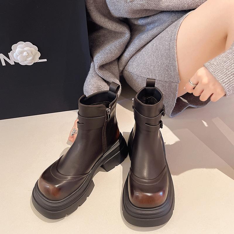 Black British platform Martin boots women's new summer retro small man height increase and thin short boots