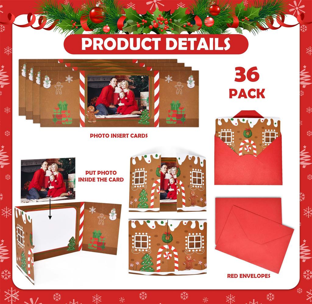 10 Pack Christmas Gingerbread House Greeting Cards Gift (10 Cards + 10 Envelopes) Tri-Fold Double-Sided Holiday Party Decoration Cards