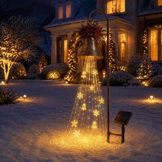 Eisenkunst Feiertagsdekorationen Solar-Weihnachtsglocke Wasserfalllicht, LED-Metall-Gartenstecker mit rotem Band, Warmweiß Festliche Hofdekoration Automatisches Ein-/Ausschalten,