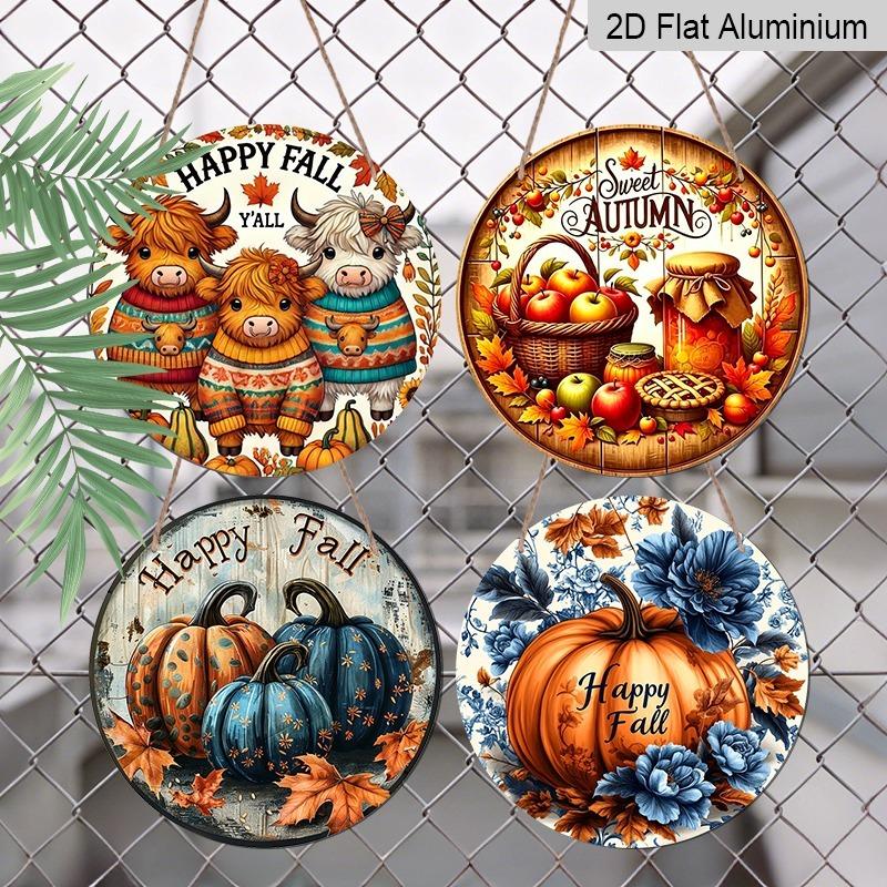 1pc/4pcs Aluminum Decorative Hanging Plaques and Ornaments Sign, Farmhouse Autumn Wall Decor, Happy Fall Highland Cow, Blue Pumpkin & Sweet Harvest