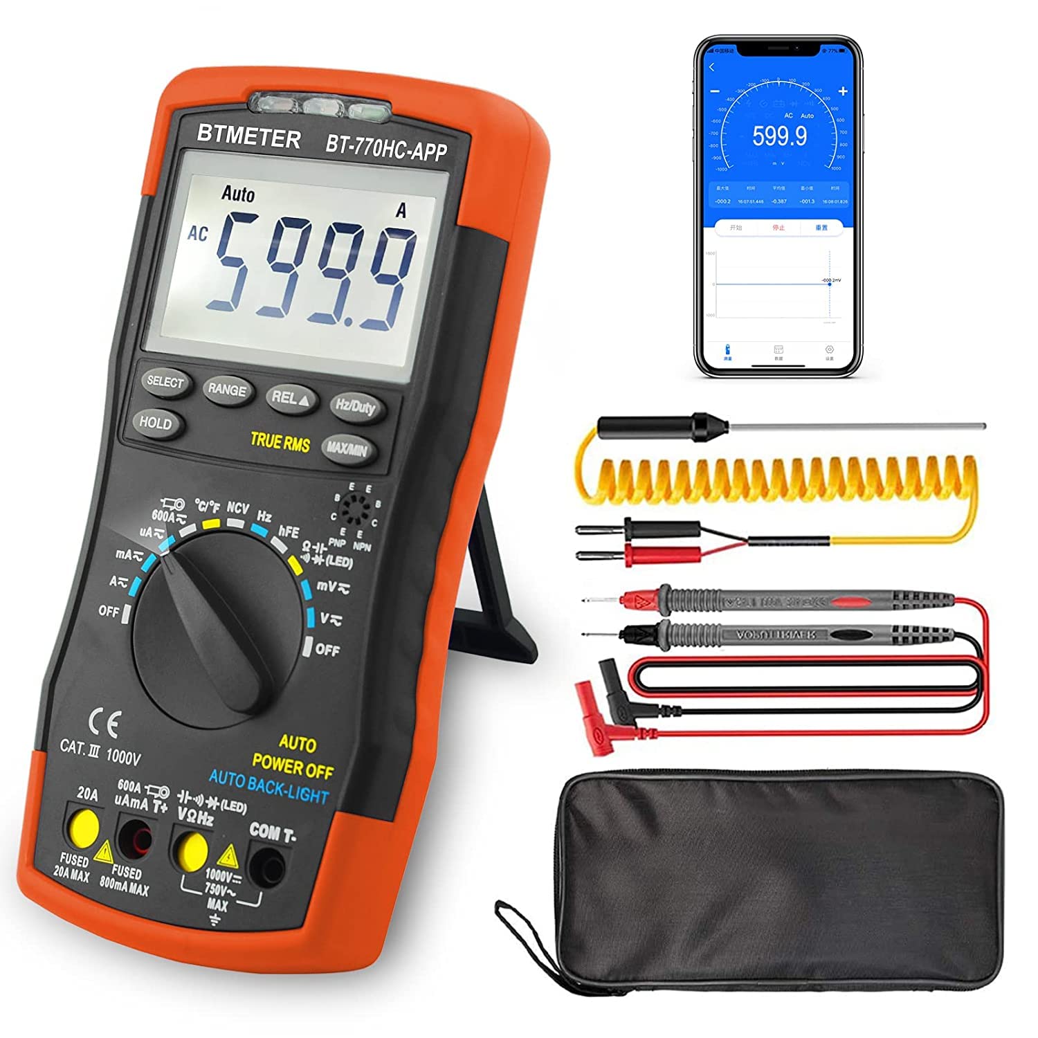 

BTMETER Handheld Digital Multimeter with Bluetooth APP TRMS 6000 Continuous and Temperature Japanese Manual BT-770HC-APP Connection, Auto-Range,