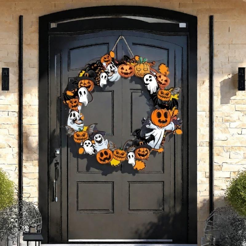 Halloween Holzkranz mit Fledermäusen - Gruselige Wandbehang-Dekoration für Halloween Türdeko, Englischer Text, Halloween-Dekoration