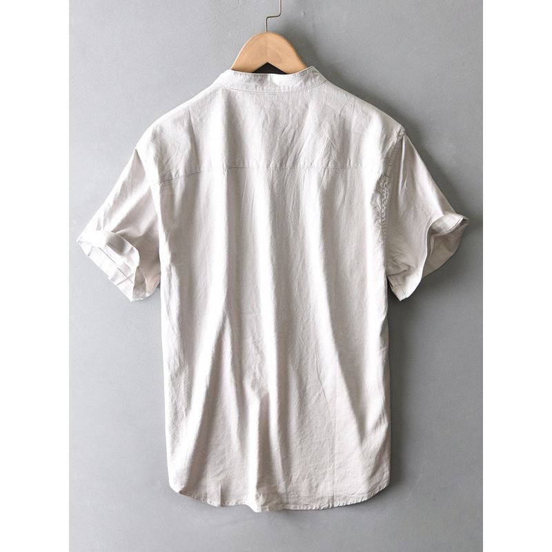 Summer Chinese Style Japan fashion Retro Stand Collar Linen Shirts Men's New Chinese Cotton Linen Short sleeve Shirt T-shirt Thin