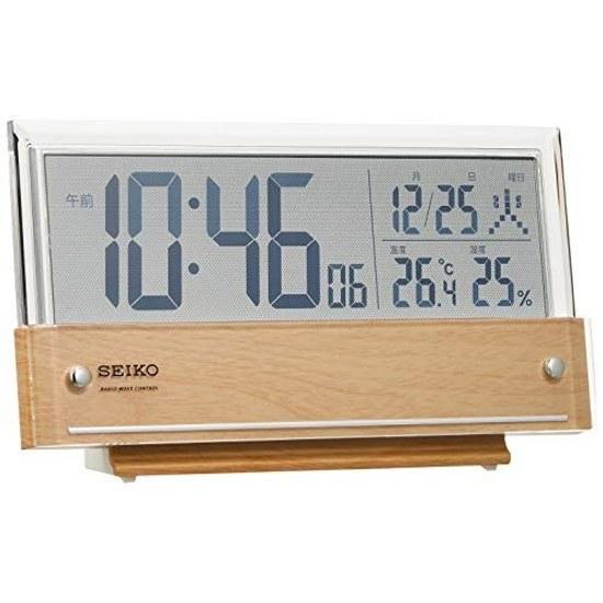 Seiko Clock tabletop alarm radio-controlled digital calendar temperature humidity display see-through LCD light brown wood grain pattern body size