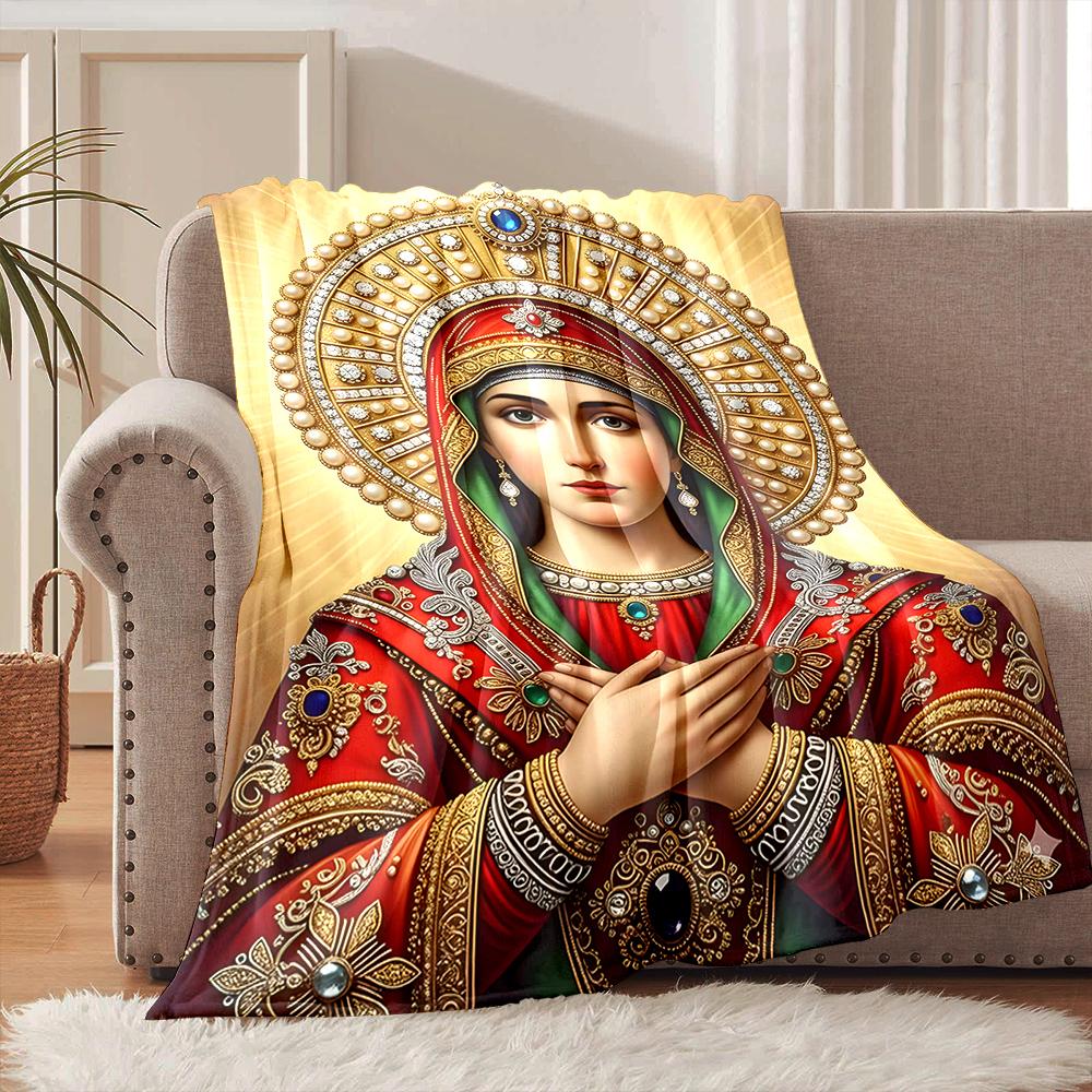 1PC Ornate icon with adorned figure Faith-printed Flannel Blanket Soft and Warm Suitable for Home Travel Picnics Camping RV