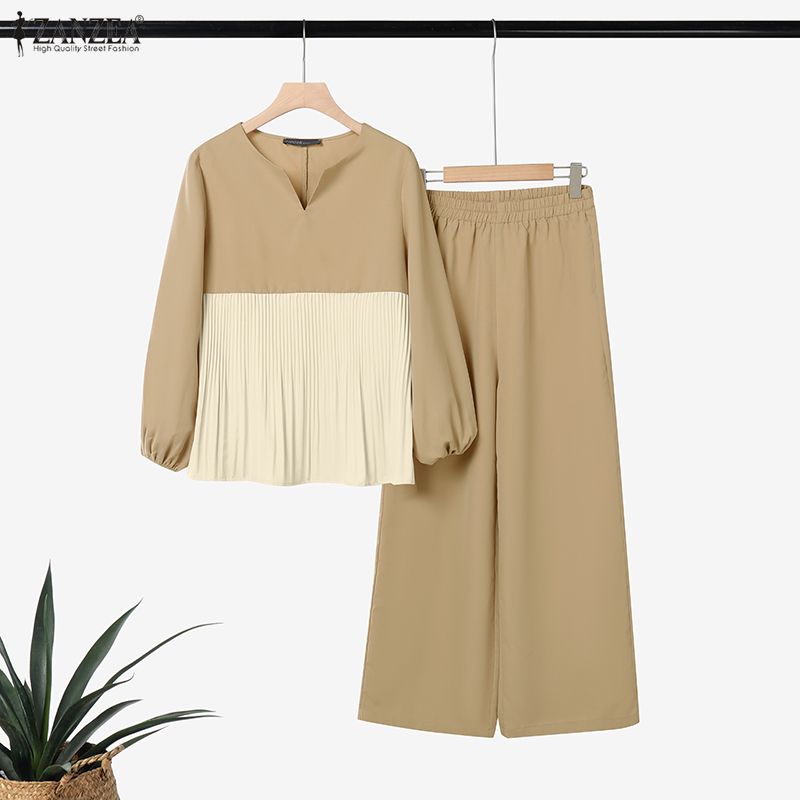 ZANZEA Damen Langarm Patchwork Bluse und Hose Lässige Zweiteilige Anzugsets