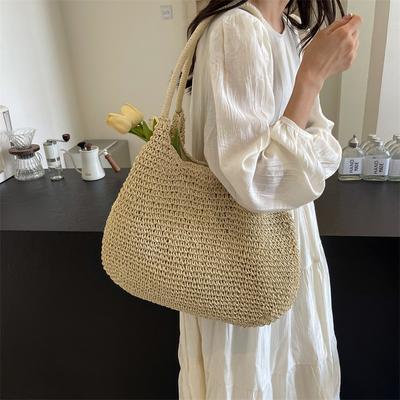 Simplicity Woven Women’s Handbags Large Capacity Solid Color Shopping Bag Tote Bags For Ladies Leisure Summer Beach Travel Purse