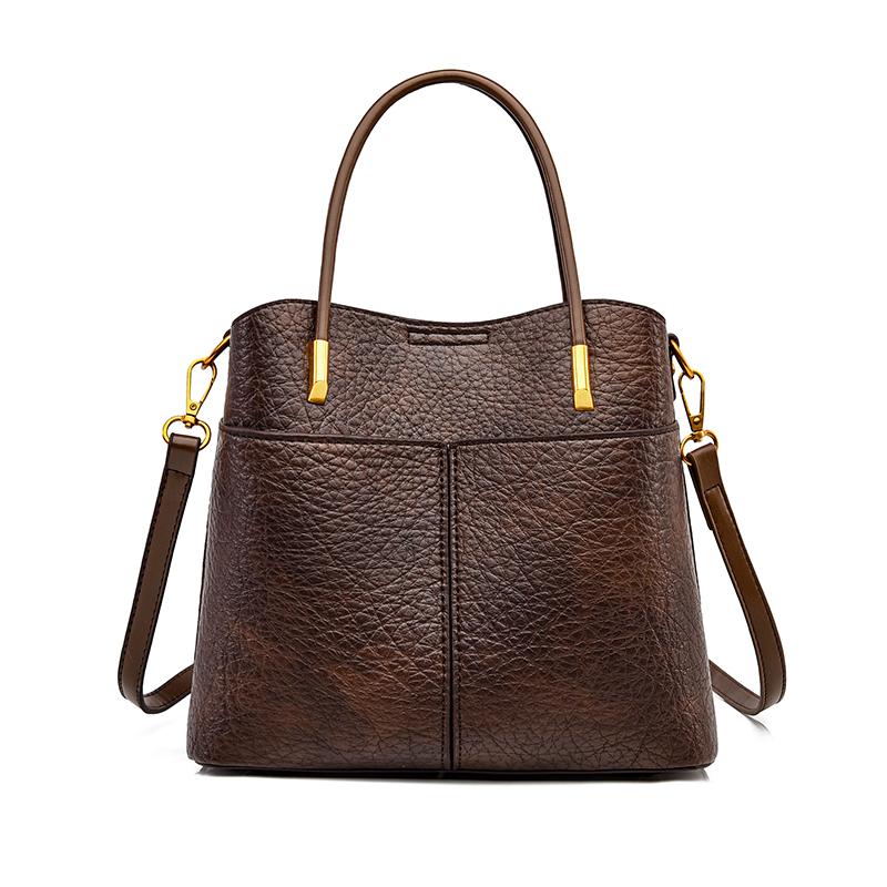 Women's PU Leather Tote Bag, Vintage Brown Bucket Handbag, Small Capacity Shoulder Crossbody Bag, Casual Daily Commuter Bag for Work Shopping Travel