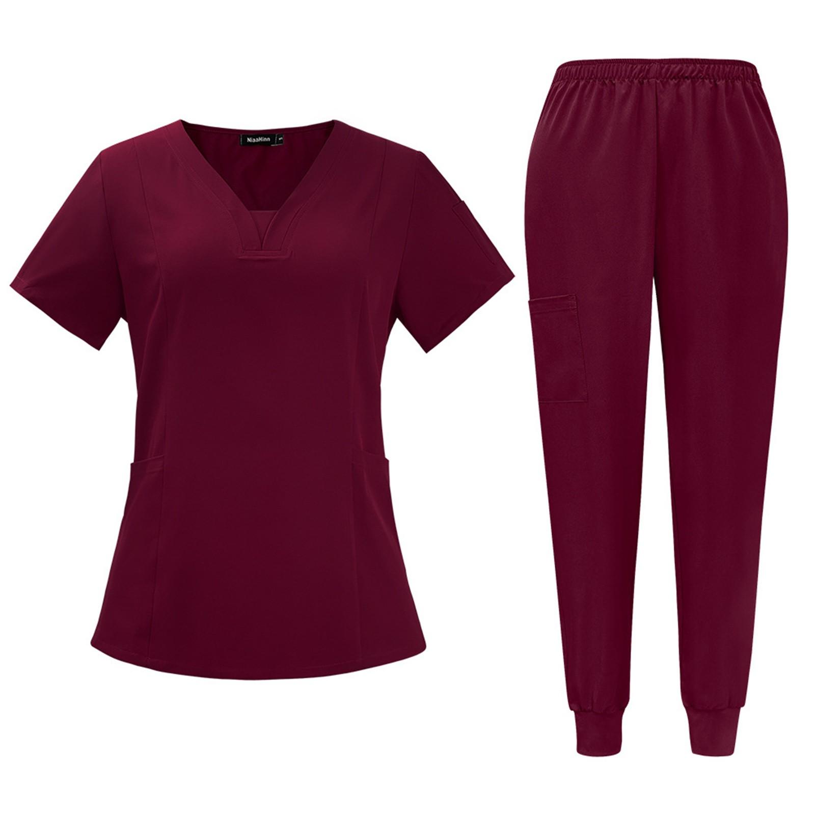 

Женский модный однотонный короткий рукав V-образный вырез узор топы карман рабочий комплект XL винный