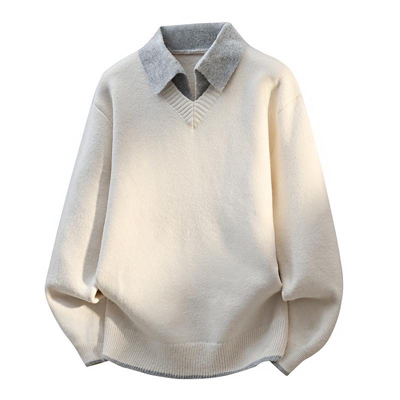 

Men s Stylish Solid Color Two-Piece Look Lapel Sweater - Warm Japanese-Style Knitwear for Autumn/Winter. XL